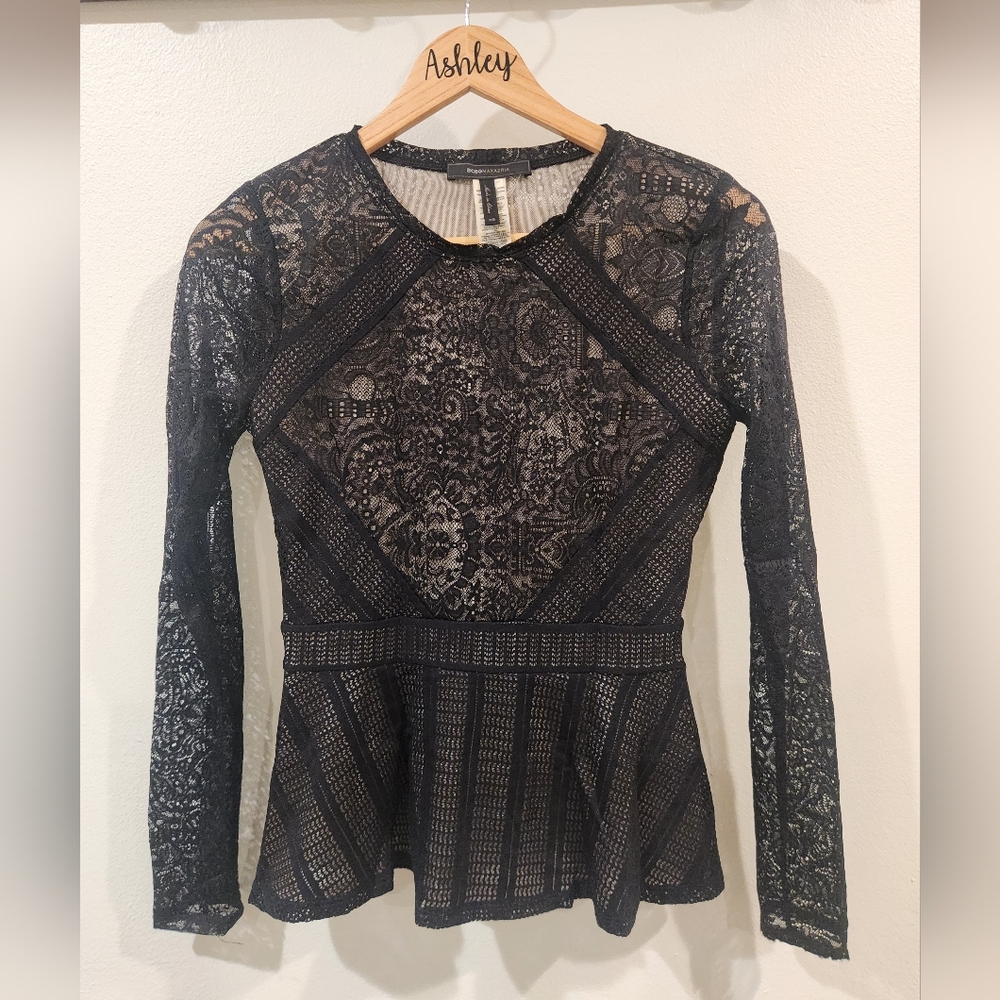 BCBGMaxAzria Black Lace Peplum Blouse